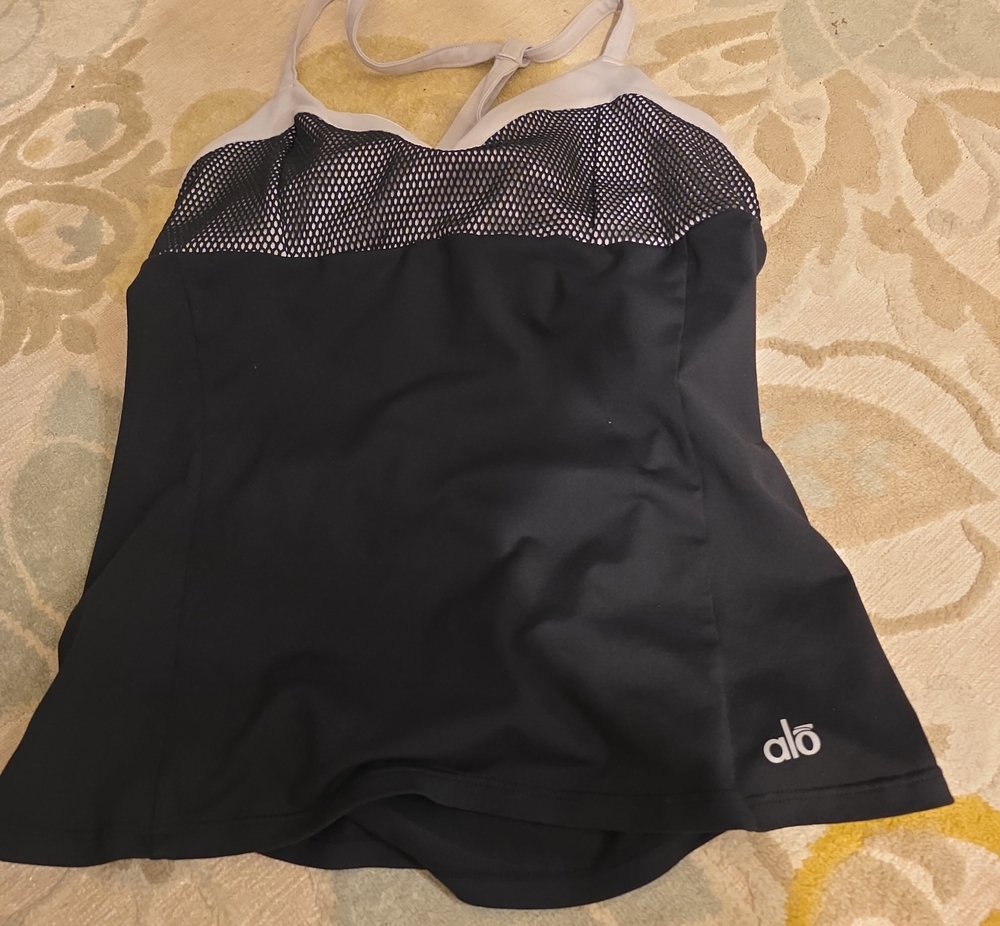 ALO Yoga Black Tankini with Light Gray Mesh Yoke